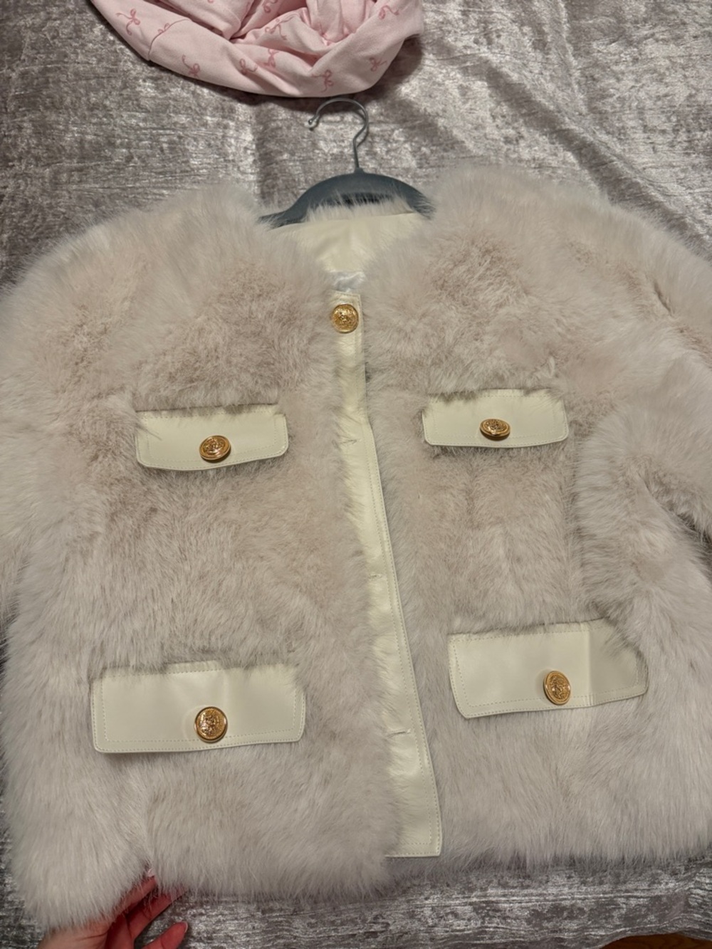 Cream Faux Fur Jacket with Gold Button Accents
